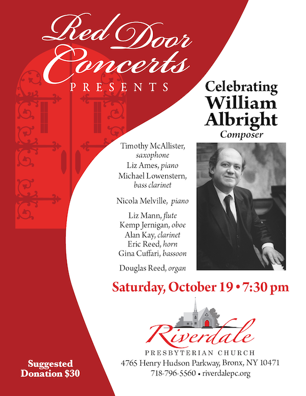 Flyer for October Red Door concert: Celebrating William Albright.